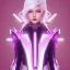 Placeholder: cute asian in futuristic suits, white hair color, pink and purple background, pink lighting, deep purple backlighting