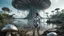 Placeholder: Wide-angle shot of a woman, standing on the right side of an alien beach, with dark hair in a silver robotic catsuit, lots of large floating mushrooms with long tentacles, alien jungle trees in the distance