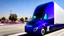 Placeholder: A Tesla semi-truck is racing at top speed, across the 'Universal Studios Hollywood', in Los Angeles. CINEMATIC. WIDE ANGLE LENS.