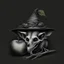 Placeholder: Realistic drawing of a Rat Skull with a Witch hat, Skull has ghost eyes and is eating from a poison apple.