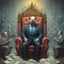 Placeholder: rich pig in suit on a throne making stacks of money by making a deal with a buisnessman. background of musicians. Payday payday. beksinski style. politicians