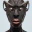 Placeholder: "Organic bionic African male cyborg, alien mask openings, filigree, iridescent metal, shiny, neon, LEDs, diffuse lighting, african print leather with fur black and white fantasy, intricate, elegant, highly detailed, lifelike, photorealistic, dramatic makeup, digital painting, illustration, concept art