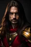 Placeholder: portrait of a handsome 35 year old warrior, dark long hair, powerful strong, in armor, red and yellow, dark eyes