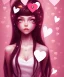 Placeholder: girl, happy, smiling, surrounded by hearts, black hair, long hair, brown eyes, portrait, pink dress