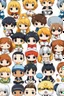 Placeholder: Adorable chibi anime caracters group sitting on White Background, cartoon mood