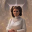 Placeholder: hyperspace background, complete and photo realistic detailed head to waist stunning photo realistic portrait of carrie fisher as Princess Leia in star wars with photo realistic updo hair by Mandy Jurgens and mucha and Richard Schmid and chuck close and chie yoshii, extraordinary and detailed ceremony dress of star wars,brown eyes