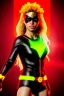 Placeholder: portrait, Shakira, blonde, angry, Realistic image, superhero, retro, watchmen style, gold make-up, blood, sweat, fog, goddess style, Neon colors, leds. Black background, photo studio, concept art, smooth, unreal engine 5, god lights, ray tracing, RTX, lumen lighting, ultra detail, volumetric lighting, 3d, finely drawn, high definition, 4k.