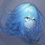 Placeholder: Clear focus, High resolution, rough line sketch art, blue hair, fluffy hair, between eyes, red eyes, no light in eyes