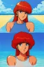 Placeholder: 1girl, retro anime, 80's, redhead,portrait, synth-wave , beach