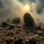 Placeholder: A striking quality close-up photograph captures a wasteland with odd stones, spooky, creepy, details of the dust very accentuated, glossy, organic, adorned with minerals and rocks, fog. Bathed in intense light, eerie, Max Ernst style, black sun, fog, volumetric light