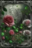 Placeholder: beautiful landscape elegant blooming pink roses and daisies, lots of greenery, sequins, dew filigree, smoke fractal, spiral space outside the window, hyperrealism, glitter, glare, hyperdetalization. vintage, inlaid outline in black pencil, aesthetically pleasing, beautiful, realistic, high resolution, high detail