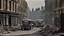 Placeholder: 1940s London street with bomb damage, injured people, vehicles, ambulances, fire engines, wartime, full colour