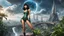 Placeholder: Photorealistic, full Body Photo Of A slim Exotic Sci-Fi Pin-Up Girl, With dark Hair and Bangs, on an alien jungle Planet With Cloud Trees, Tall Spires, Buildings, Bridges, Arches, a stormy skyline, with lightning