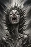 Placeholder: suffering woman creature roar, gray weird sky, storm, distopic, weird and surreal mood, highly detailed, dark sad, thriller atmosphere, sharp, metallic edges, around spikes, tall walls, , broken pieces, shattered face, cracks, everhere, hyperdetailed, greyscale, pale light, crepy stunning, drawing and ink , abstract shapes floating in dark space, metal lines, deep colors, dramatic shadows, dark mood