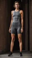 Placeholder: photography of a beautiful anorexic woman, grey satin triathlon top, sports illustrated, brunette short wavy bob haircut, pronounced sternum, flat chest, anthracite short leggins