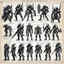 Placeholder: ConceptSheet blueprint [by by Kevin Eastman and Peter Laird]: a grid of sci-fi aligned group of xenomorph armours