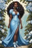 Placeholder: create a comic book art image of a curvy size dark skinned Black female wearing a light blue maxi dress with sparkle white cowboy boots. Prominent make up with brown eyes, she is wearing light blue feather tassel earrings and lush lashes. extremely detailed tight curly long hair . background of blue and silver magnolia flowers everywhere