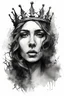 Placeholder: A realistic drawing in negative space black ink on white background of a king crown of thorns over a beautiful women head with very defined and correct details and brushstrokes smoke around it