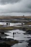 Placeholder: Paisaje de la guerra de Malvinas Argentinas con soldados en pozos fríos y húmedos. Tristeza.