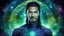 Placeholder: beautiful gorgeous young man na'vi with long hair, Avatar, blue skin, two small ears, green eyes, black hair, in cosmic suit, galactic ambiance, medium pointy goatee , smiling, nebulas and sacred geometry light figures on the backgroud,