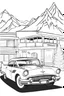 Placeholder: outline art for an adults coloring page, Thunderbird in a 1950s Drive-Thru , white background, sketch style,no color , only use outline, clean art , white background, no shadows , no shades , clear well outlined, easy to color