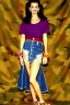 Placeholder: year 1996 denim fashion. Loose skirt, low waist. Combat t-shirt. Colors: denim blue, blue, purple, cream, khaki, light green, lilac, plum, orange, terracotta, red, light yellow, pink, dark blue, beige. Latex in small part. Something between camouflage and cheetah prints.. Gwen Stephani, Demi Moore.