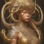 Placeholder: Sango fantasy, fantasy magic, intricate, sharp focus, illustration, highly detailed, digital painting, concept art, matte, art germ and Paul Lewin and Kehinde Wiley, masterpiece silver elephant head bronze Buddha Asian African girl nice breast Hawaiian hair turquoise golden waves