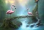 Placeholder: island waterfall old tree twigs rope bridge birds flamingos