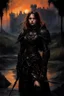 Placeholder: A formidable warrior girl in black armor, on the background Amazing gloomy landscape, flooded with sunset, mountains, trees, fabulous scary hero, , juicy emotions, painting, dark fantasy, gloomy day, dark world, portrait, Gothic Town At Night, Fantasy, Intricate Details, Castle Courtyard Gardens, Hyper Detailed, Jean Baptiste Monge, Carne Griffiths, Michael Garmash, Seb Mckinnon, Masterpiece