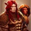 Placeholder: Barbarian anime character, animal hide armor, physically fit, tribal tattoos, scars, washboard abs, red facepaint, red hair, dark eyeshadow, intricate eyeliner, soft round eyes, beads in hair, 8k resolution, cinematic smooth, intricate details, vibrant colors, realistic details, masterpiece, oil on canvas, smokey background