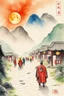 Placeholder: trading caravan Hexi Corridor silk road in ancient times in the style of Zeng Fanzhi watercolour