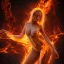 Placeholder: woman made of fire, succubus, totally bare, full body portrait, long flowing hair, only wearing skin-colored bikini, highly detailed, real life photo, photo quality, extremely detailed, high quality, standing in fire