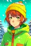 Placeholder: Girl with short brown hair, red eyes, green sweatshirt with a horizontal yellow stripe, he is wearing a Christmas hat, and in the background there are trees in the cold winter with lots of snow, Anime manga style