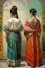 Placeholder: 2 mexican woman painting neoclassism standing from the back whole body zoom out