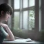 Placeholder: female student studying by the window, anime style,perfect face, cool face, unreal engine 5, cinema4d, sun light, studio lighting --ar 1:1 --v 4