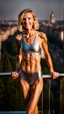 Placeholder: beautiful anorexic ukrainian woman, total shot, shiny silver triathlon swimsuit, short blond wavy bob hair, blurred city background, smiling