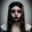 Placeholder: Female Jenna ortega black dress,soft goth libstick, wednesday addams family make up, brad double wig, dramatic lighting, highly detailed, volumetric lighting, unreal engine, 8k