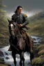 Placeholder: A 40 year old mercenary in a battle jacket and travelers cloth. He is riding a dark gray horse. He is tall, slim, has a sharply cut face. black hair, short ponytail on the top of his head. Perfect face. Perfect eyes. Perfect hands. Perfect feets. fantasy setting. A river ford in a wood. Style of Michael Whelan