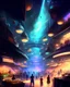 Placeholder: Very lage and Vast Fictional multiversal marketplace with multiple levels, filled with people and bright lights, with a space background