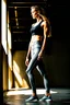 Placeholder: photograph of skinny caucasian woman, satin yoga pants, fashion photography, standing, bright daylight, sweaty skin, concrete, 80 mm lens, dof, raw