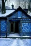 Placeholder: A dark blue ice covered house with siders designed in ancient Roman mosaics painted by Claude Monet