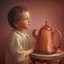 Placeholder: The reflection of a child on the surface of an old copper teapot