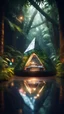 Placeholder: a car shaped like a tetrahedron in dark lit reflective wet jungle metallic hall dome hotel tunnel, in the style of a game,bokeh like f/0.8, tilt-shift lens 8k, high detail, smooth render, down-light, unreal engine, prize winning