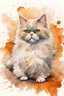 Placeholder: painting of a persian cat rolling on its back, the cat is in the centre of the picture taking up only one third of the image, in watercolour, in the background an orange wall, splatter, art, aquarell, pastell, ink, soft, lots of white negative space around the outside of the picture, white outlines, full shot, birdseye perspective