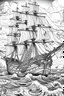Placeholder: Create an exhilarating coloring page inspired by the Pirates of the Caribbean movie, featuring a majestic pirate ship sailing through rough seas. Challenge young artists to add their creative touch to billowing sails, the iconic Jolly Roger flag, and crashing waves. This black-and-white coloring adventure invites kids to embark on an exciting journey as they bring this thrilling pirate ship scene to life on paper.