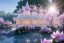 Placeholder: a magical crystal flower magnolias pink gold house palace in the woods, magnolias pink,blue lake,sun,white swanns,pink vertical, blue lake,sharp, vines, candlelit, endor, ornate, elegant, highly detailed, artstation, concept art, smooth, sharp focus, illustration, 8k, splash art, wallpaper, key visual