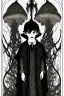 Placeholder: 7 year old boy, friendly, looks dead, with weird mushrooms growing out of him, wearing black robes, in the style of Harry Clarke