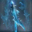 Placeholder: A fantasy sword that is a slender, translucent blade made of ice, shimmering with an ethereal blue glow. Its hilt is crafted from swirling vines, leading to a vibrant crystal at the pommel. With a black background behind it.