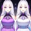 Placeholder: Clear focus, 8k, high quality, detailed, beautiful lighting, vibrant colors, white long hair, vibrant purple eyes, girl, laughing, different twins