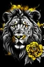 Placeholder: realistic mixed black and white colored lion in headshot in mixed black and white and yellow colored roses. Looks Fierce and Brave. Fire blazing in background.